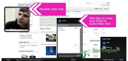 Social Engine footer menu + chat + audio/video